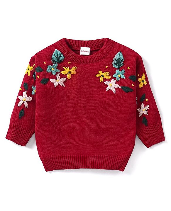 Babyhug Knit Full Sleeves Sweater With Floral Embroidery - Red
