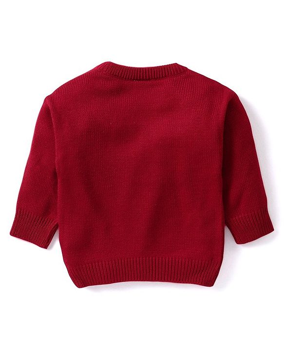 Babyhug Knit Full Sleeves Sweater With Floral Embroidery - Red