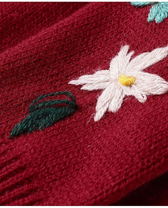 Babyhug Knit Full Sleeves Sweater With Floral Embroidery - Red