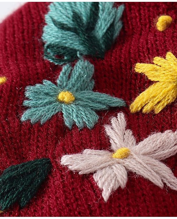Babyhug Knit Full Sleeves Sweater With Floral Embroidery - Red