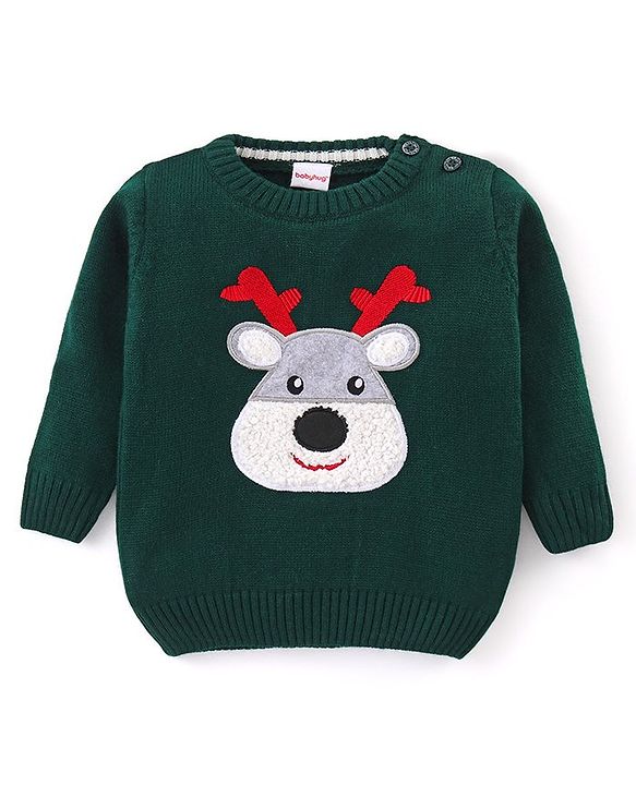 Babyhug Knit Full Sleeves Sweater with Reindeer Design - Dark Green