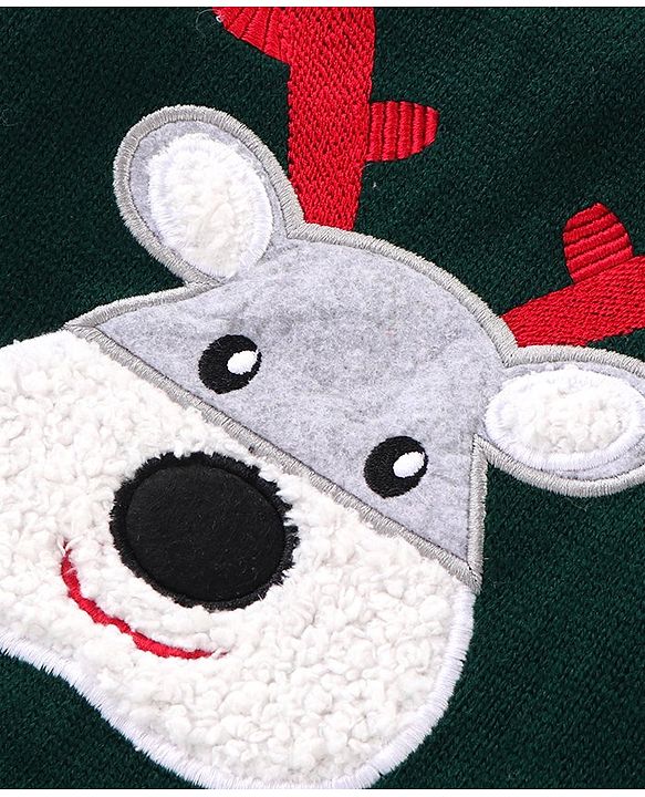 Babyhug Knit Full Sleeves Sweater with Reindeer Design - Dark Green