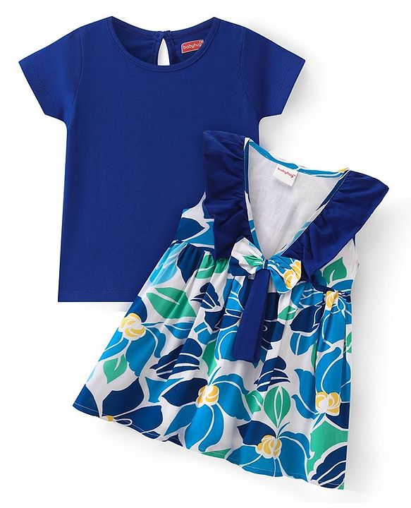 Babyhug Rayon Woven Frock with Half Sleeves Inner Tee Floral Print & Bow Applique - White & Navy
