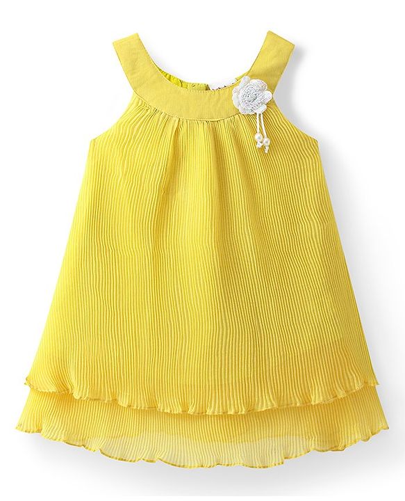 Babyhug Woven Sleeveless Frock with Floral Applique Solid Colour - Yellow