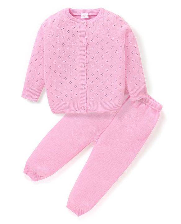 Babyhug Knitted Full Sleeves Solid Color Sweater Set - Pink