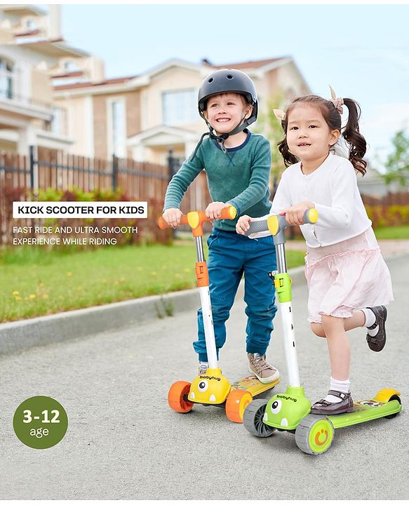 Babyhug Kids Kick On Scooter with LED Wheels  Wide Standing Deck and  3 Level Adjustable Handlebar - Yellow