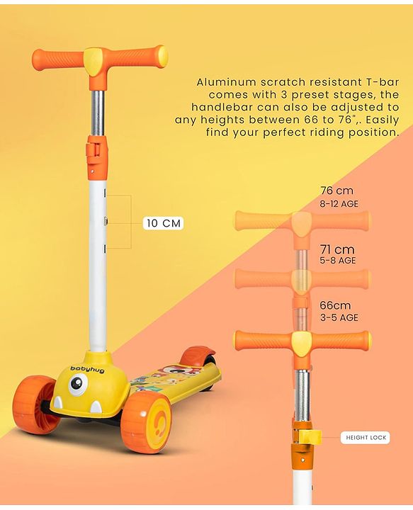 Babyhug Kids Kick On Scooter with LED Wheels  Wide Standing Deck and  3 Level Adjustable Handlebar - Yellow