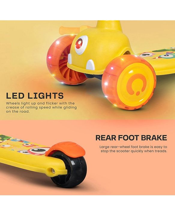 Babyhug Kids Kick On Scooter with LED Wheels  Wide Standing Deck and  3 Level Adjustable Handlebar - Yellow