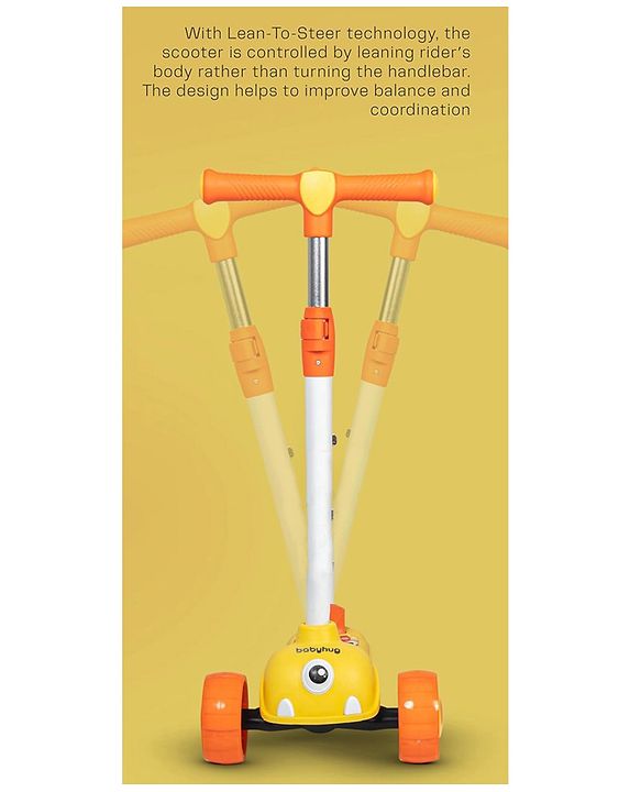 Babyhug Kids Kick On Scooter with LED Wheels  Wide Standing Deck and  3 Level Adjustable Handlebar - Yellow