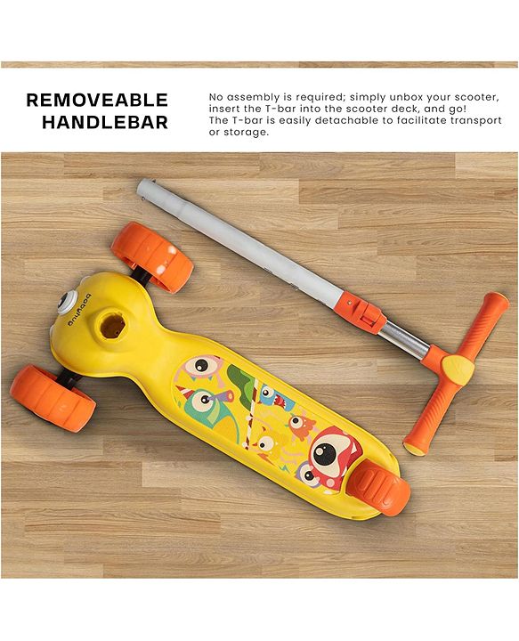 Babyhug Kids Kick On Scooter with LED Wheels  Wide Standing Deck and  3 Level Adjustable Handlebar - Yellow