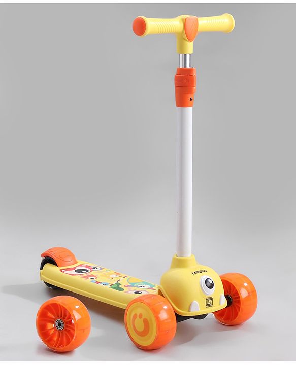 Babyhug Kids Kick On Scooter with LED Wheels  Wide Standing Deck and  3 Level Adjustable Handlebar - Yellow