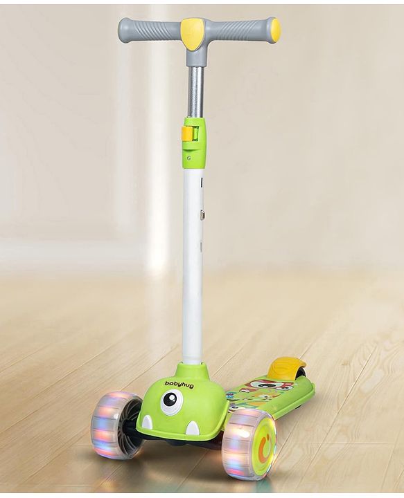 Babyhug Kids Kick On Scooter with LED Wheels  Wide Standing Deck and  3 Level Adjustable Handlebar - Yellow