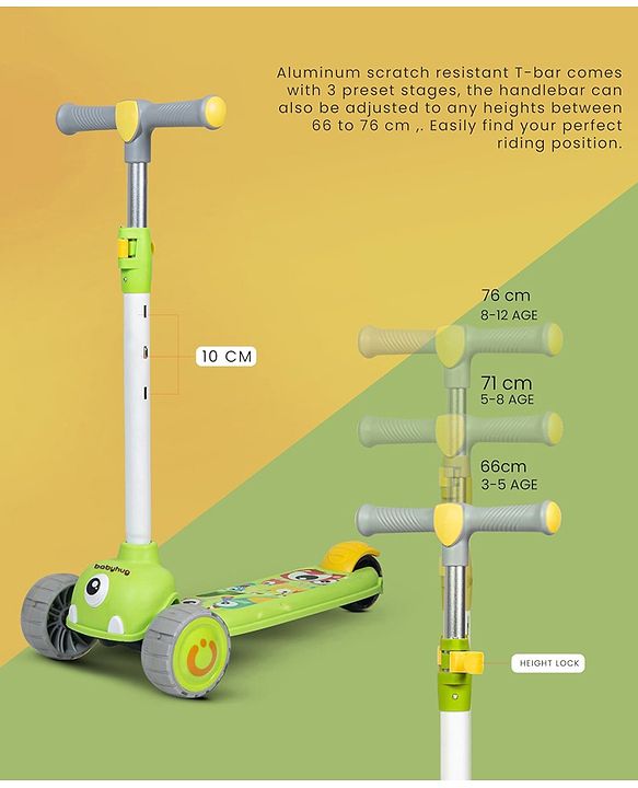 Babyhug Kids Kick On Scooter with LED Wheels  Wide Standing Deck and  3 Level Adjustable Handlebar - Yellow