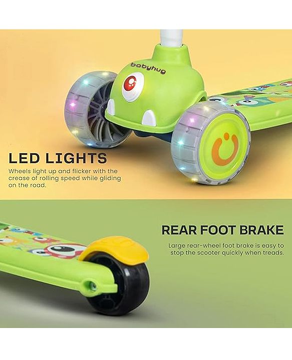 Babyhug Kids Kick On Scooter with LED Wheels  Wide Standing Deck and  3 Level Adjustable Handlebar - Yellow