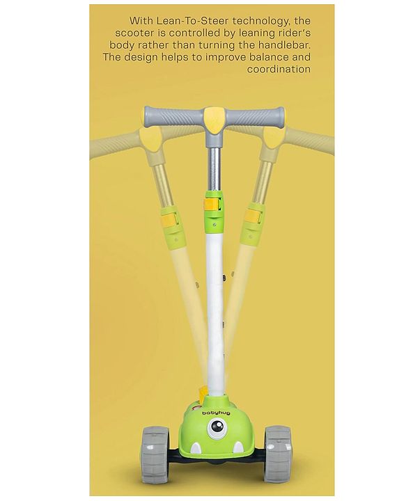Babyhug Kids Kick On Scooter with LED Wheels  Wide Standing Deck and  3 Level Adjustable Handlebar - Yellow