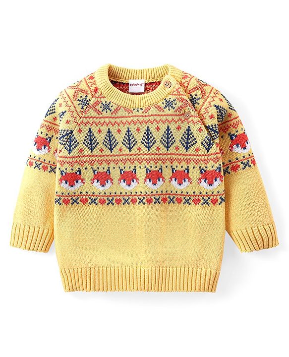 Babyhug Organic Cotton Knit Raglan Sleeves Sweater Set with Cap Fox Design - Yellow