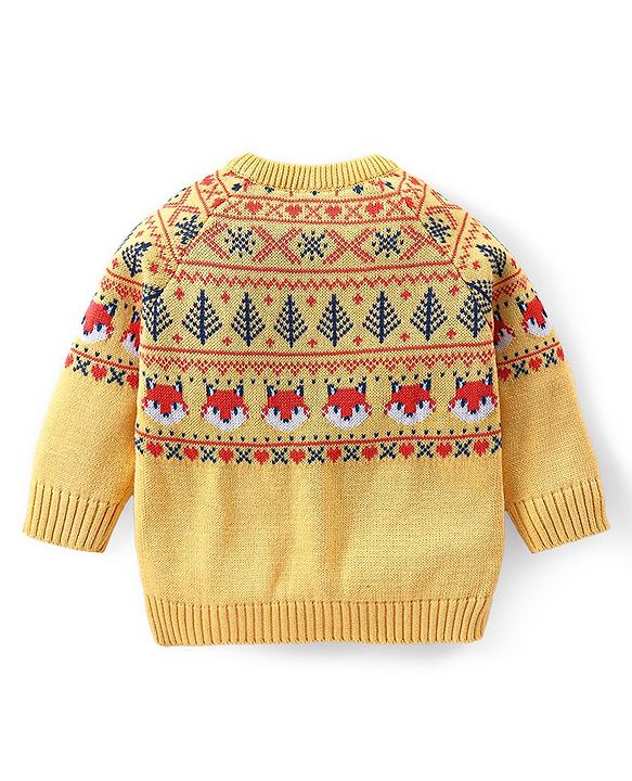 Babyhug Organic Cotton Knit Raglan Sleeves Sweater Set with Cap Fox Design - Yellow