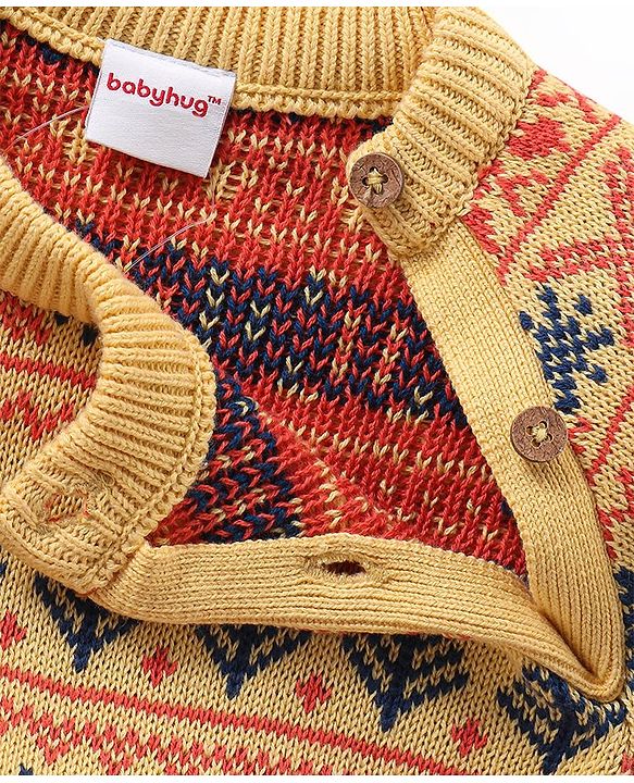 Babyhug Organic Cotton Knit Raglan Sleeves Sweater Set with Cap Fox Design - Yellow