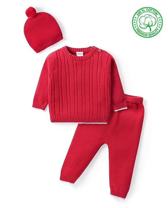 Babyhug Organic Cotton Knit Full Sleeves Sweater Set & Cap with Cable Knit Design - Red