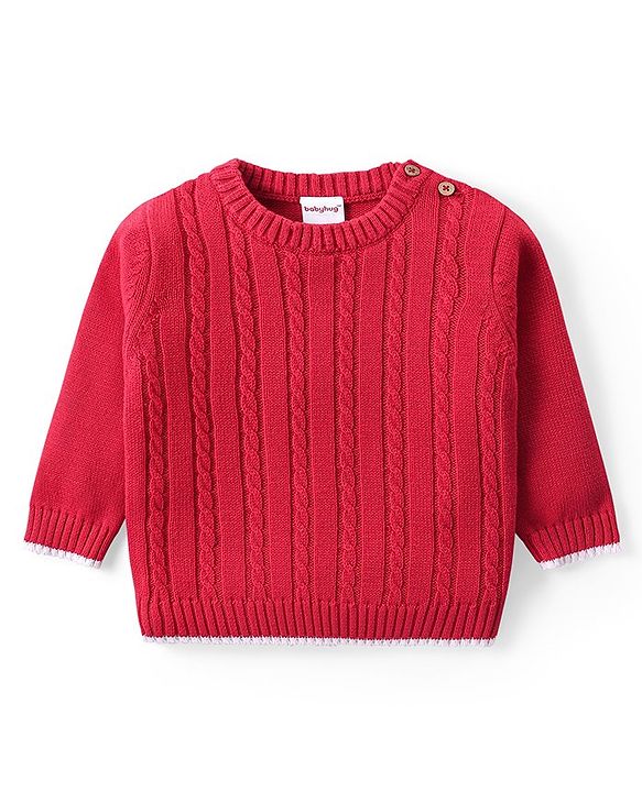 Babyhug Organic Cotton Knit Full Sleeves Sweater Set & Cap with Cable Knit Design - Red