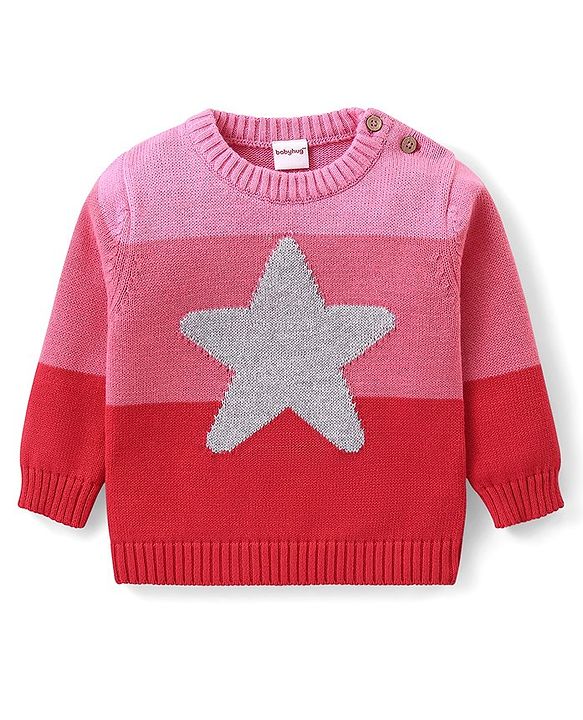 Babyhug Organic Cotton Knit Full Sleeves Sweater Set & Cap with Colour Block & Star Design - Multicolour