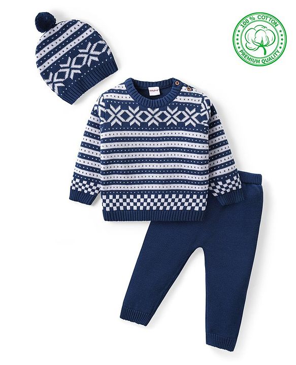 Babyhug Organic Cotton Knit Full Sleeves Sweater Set & Cap with Stripe Design - Navy Blue