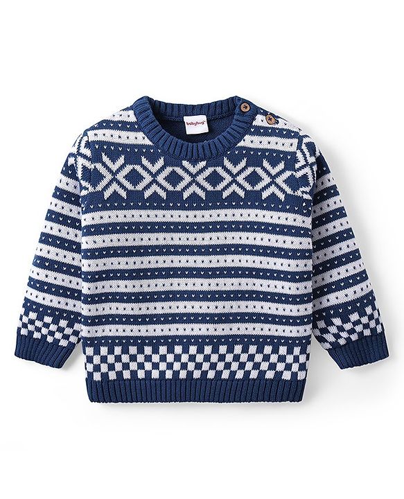 Babyhug Organic Cotton Knit Full Sleeves Sweater Set & Cap with Stripe Design - Navy Blue