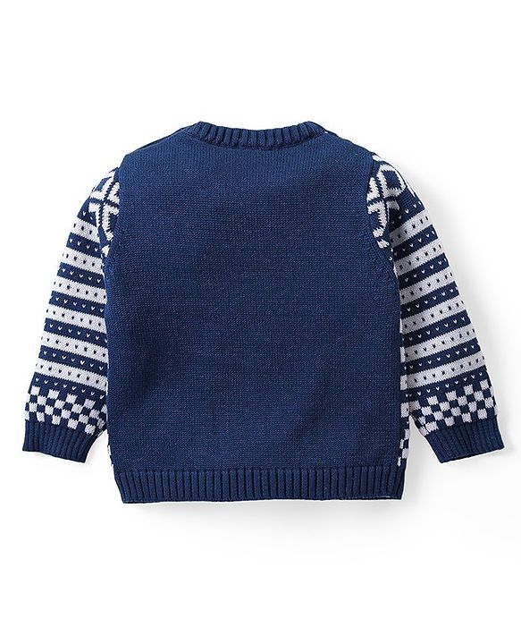 Babyhug Organic Cotton Knit Full Sleeves Sweater Set & Cap with Stripe Design - Navy Blue