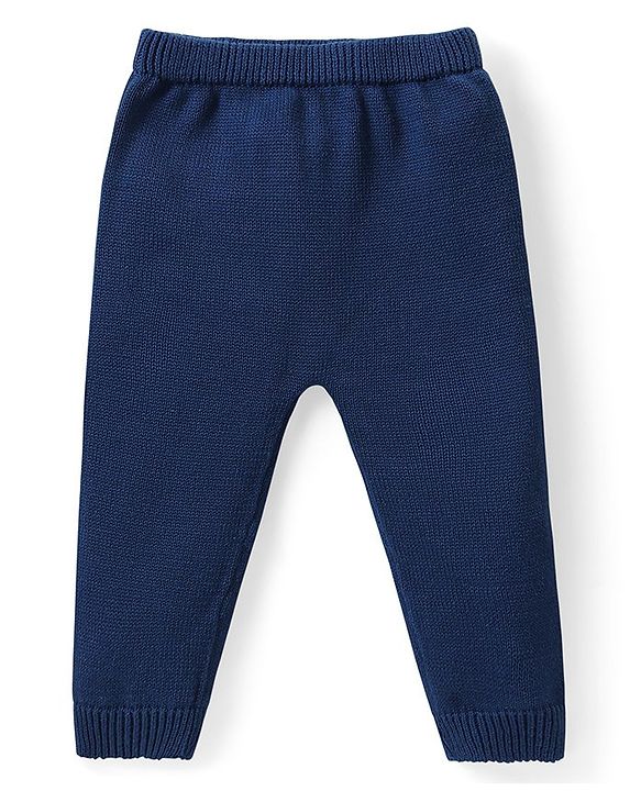 Babyhug Organic Cotton Knit Full Sleeves Sweater Set & Cap with Stripe Design - Navy Blue