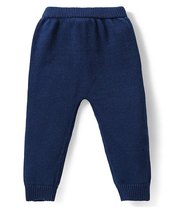 Babyhug Organic Cotton Knit Full Sleeves Sweater Set & Cap with Stripe Design - Navy Blue