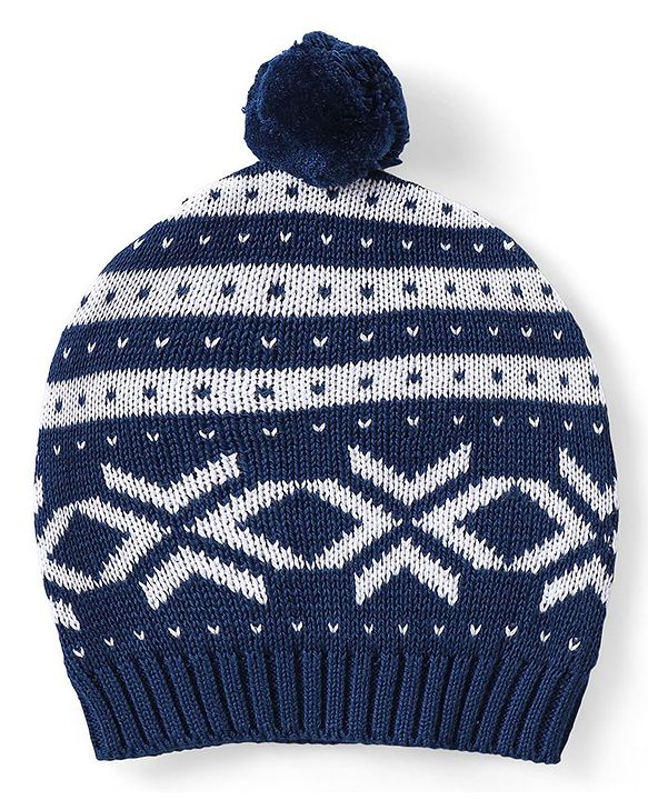 Babyhug Organic Cotton Knit Full Sleeves Sweater Set & Cap with Stripe Design - Navy Blue