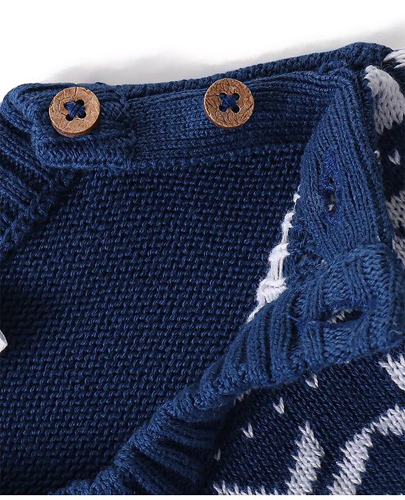 Babyhug Organic Cotton Knit Full Sleeves Sweater Set & Cap with Stripe Design - Navy Blue