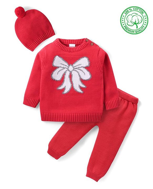 Babyhug Organic Cotton Knit Full Sleeves Sweater Set & Cap with Bow Design - Red