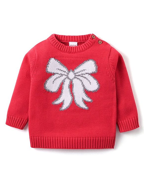 Babyhug Organic Cotton Knit Full Sleeves Sweater Set & Cap with Bow Design - Red