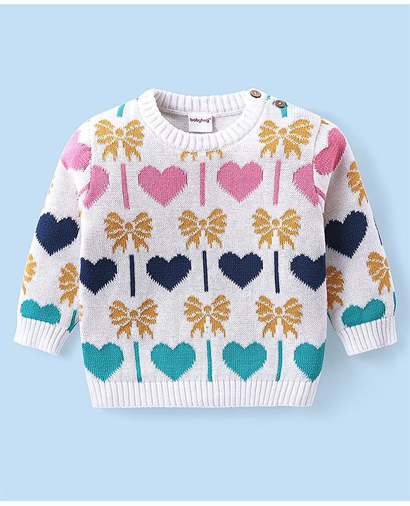 Babyhug Organic Cotton Knit Full Sleeves Sweater Set & Cap with Heart Design - Off White