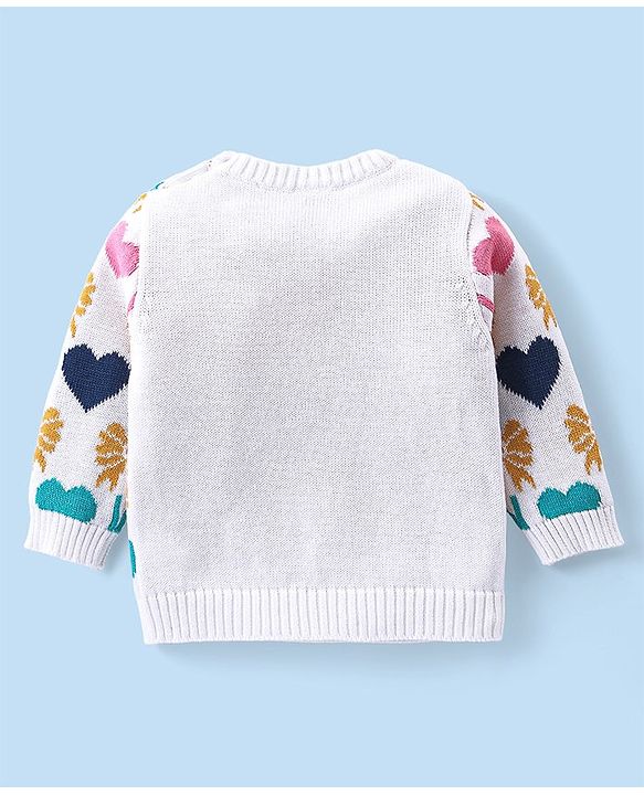 Babyhug Organic Cotton Knit Full Sleeves Sweater Set & Cap with Heart Design - Off White
