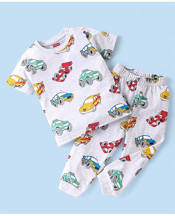 Babyhug Single Jersey Half Sleeves Night Suit Cars Print - White