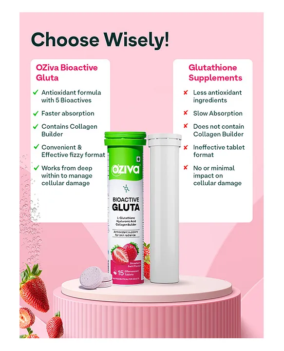 OZiva Bioactive Gluta Fizzy ( L-Glutathione, Asthaxanthin) to Reduce  Cellular Damage - Strawberry(15 tablets) Online in India, Buy at Best Price  from Firstcry.com - 16646443