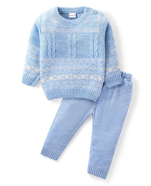 Babyhug Knitted Full Sleeves Sweater Set with Argyle Design - Light Blue