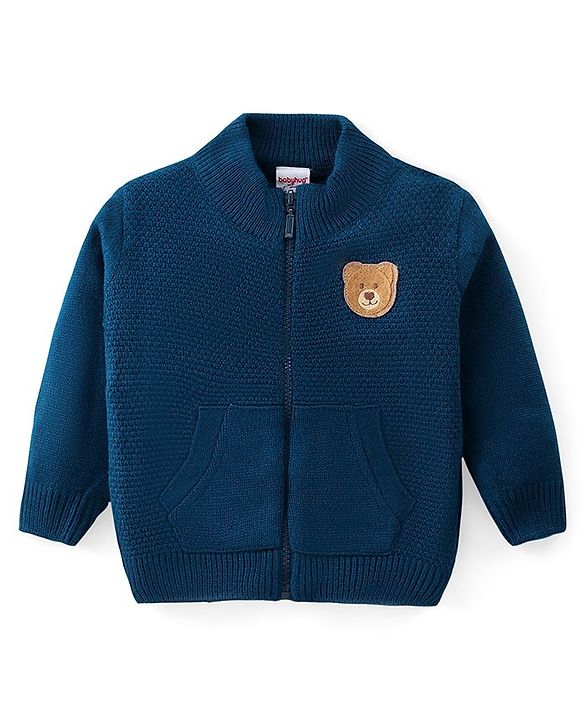 Babyhug Knitted Full Sleeves Front Open Sweater with Bear Patch - Navy Blue