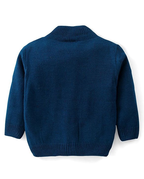 Babyhug Knitted Full Sleeves Front Open Sweater with Bear Patch - Navy Blue