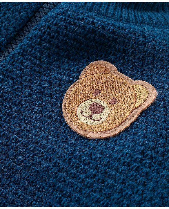 Babyhug Knitted Full Sleeves Front Open Sweater with Bear Patch - Navy Blue