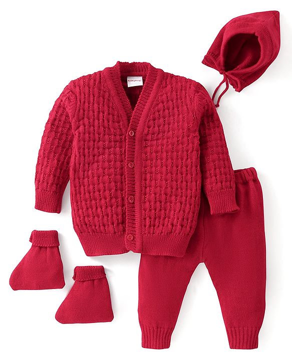 Babyhug Knitted Full Sleeves Baby Sweater Set with Cap & Booties Cable Knit Design - Red