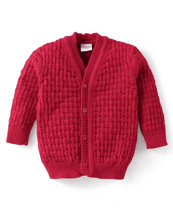 Babyhug Knitted Full Sleeves Baby Sweater Set with Cap & Booties Cable Knit Design - Red