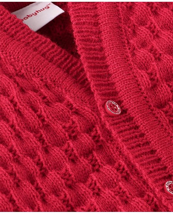 Babyhug Knitted Full Sleeves Baby Sweater Set with Cap & Booties Cable Knit Design - Red