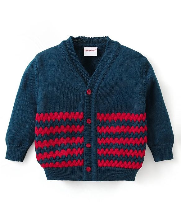 Babyhug Knit Full Sleeves Front Open Cable Knit Design Sweater Set with Cap & Booties - Red & Navy Blue