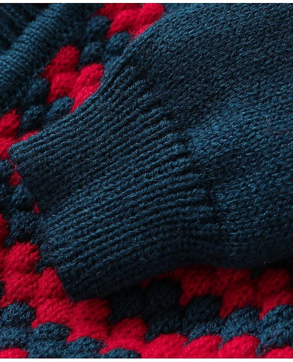Babyhug Knit Full Sleeves Front Open Cable Knit Design Sweater Set with Cap & Booties - Red & Navy Blue