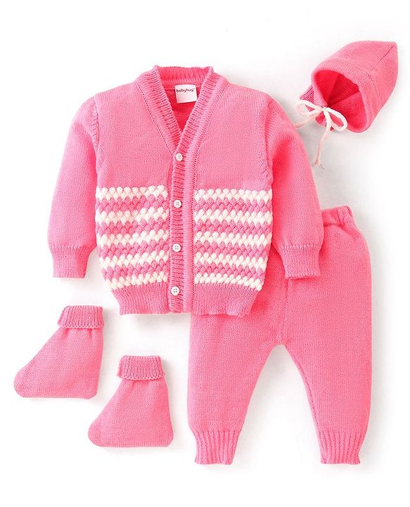 Babyhug Knit Full Sleeves Front Open Sweater & Pant Set with Cap and Booties Shell Design - Pink & White