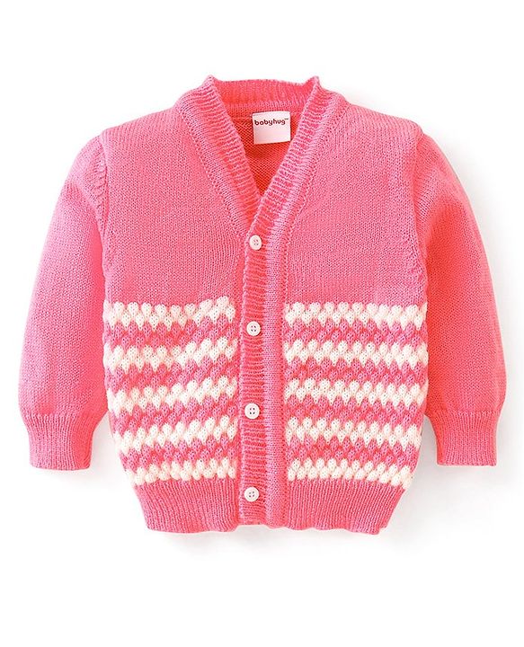 Babyhug Knit Full Sleeves Front Open Sweater & Pant Set with Cap and Booties Shell Design - Pink & White