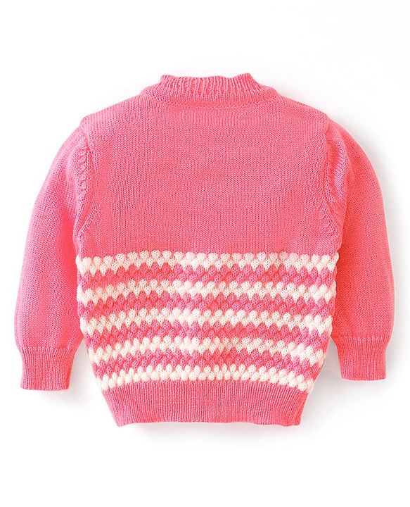 Babyhug Knit Full Sleeves Front Open Sweater & Pant Set with Cap and Booties Shell Design - Pink & White